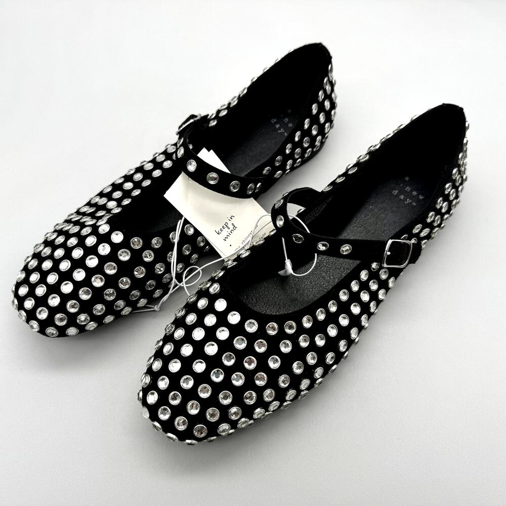 A New Day Flats Womens 8.5 Black Issa Rhinestone Mary Jane Ballet Trendy Cute